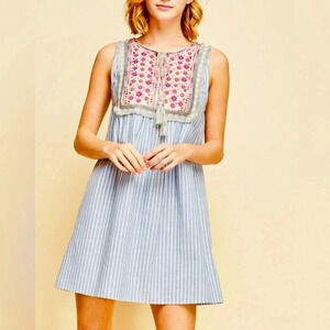 Entro Blue Stripe Sleeveless Babydoll Dress with Tassel Tie